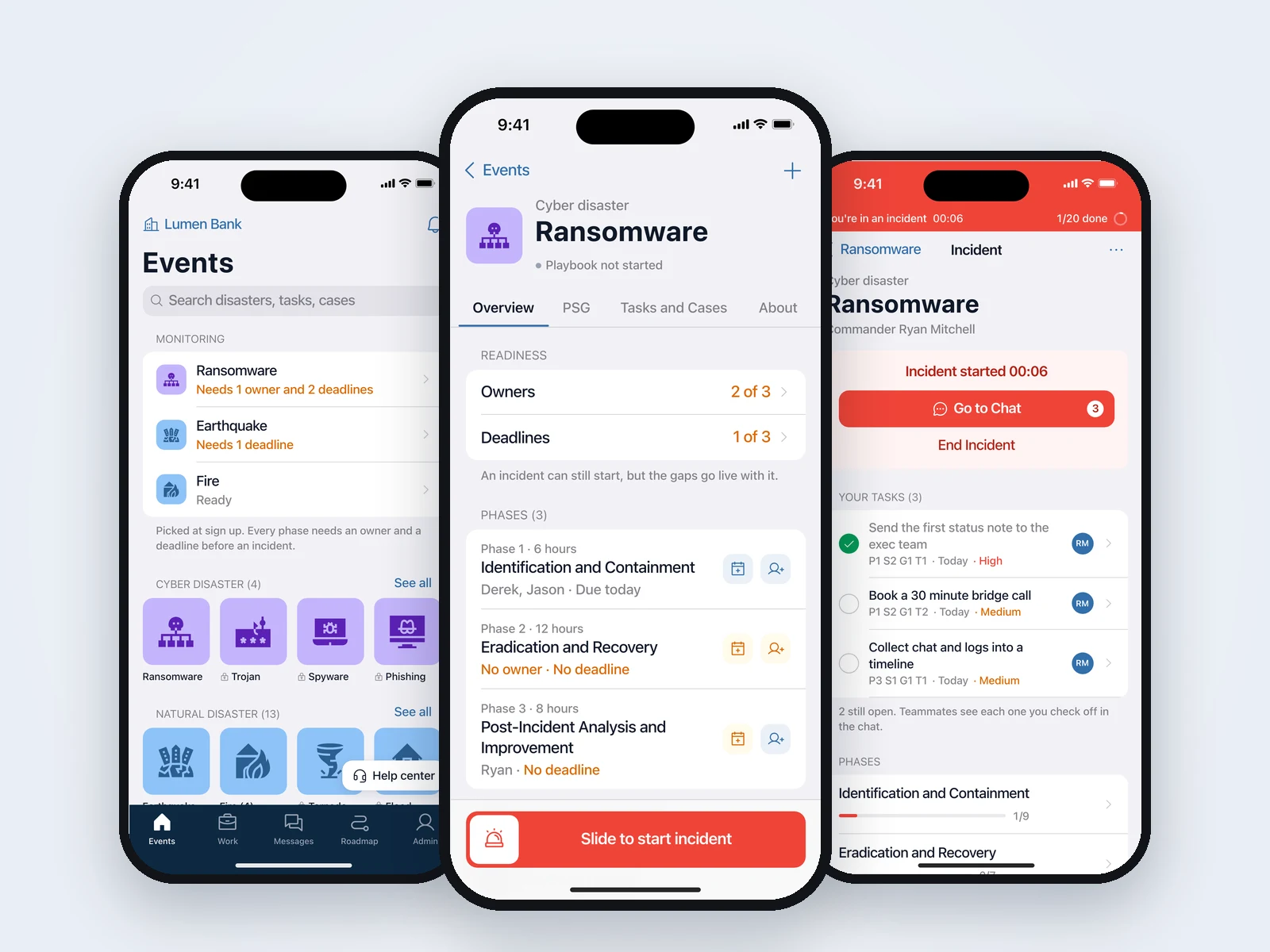 PlaybookGPT on three phones: readiness on Home, the Ransomware playbook with its phase timeline, and a live incident