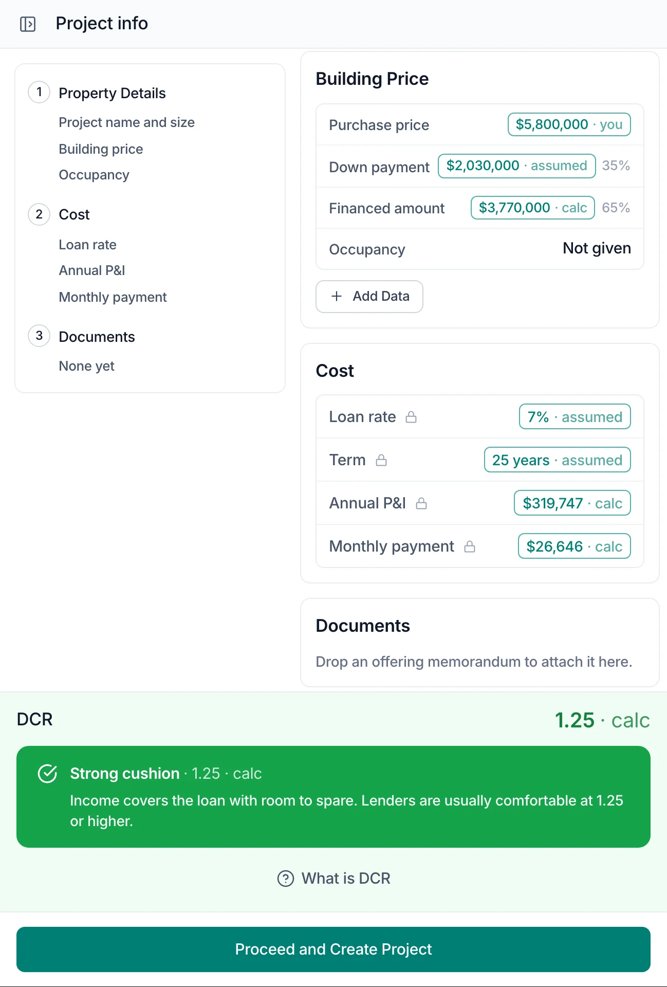 Project panel with a green DCR result of 1.25: strong cushion