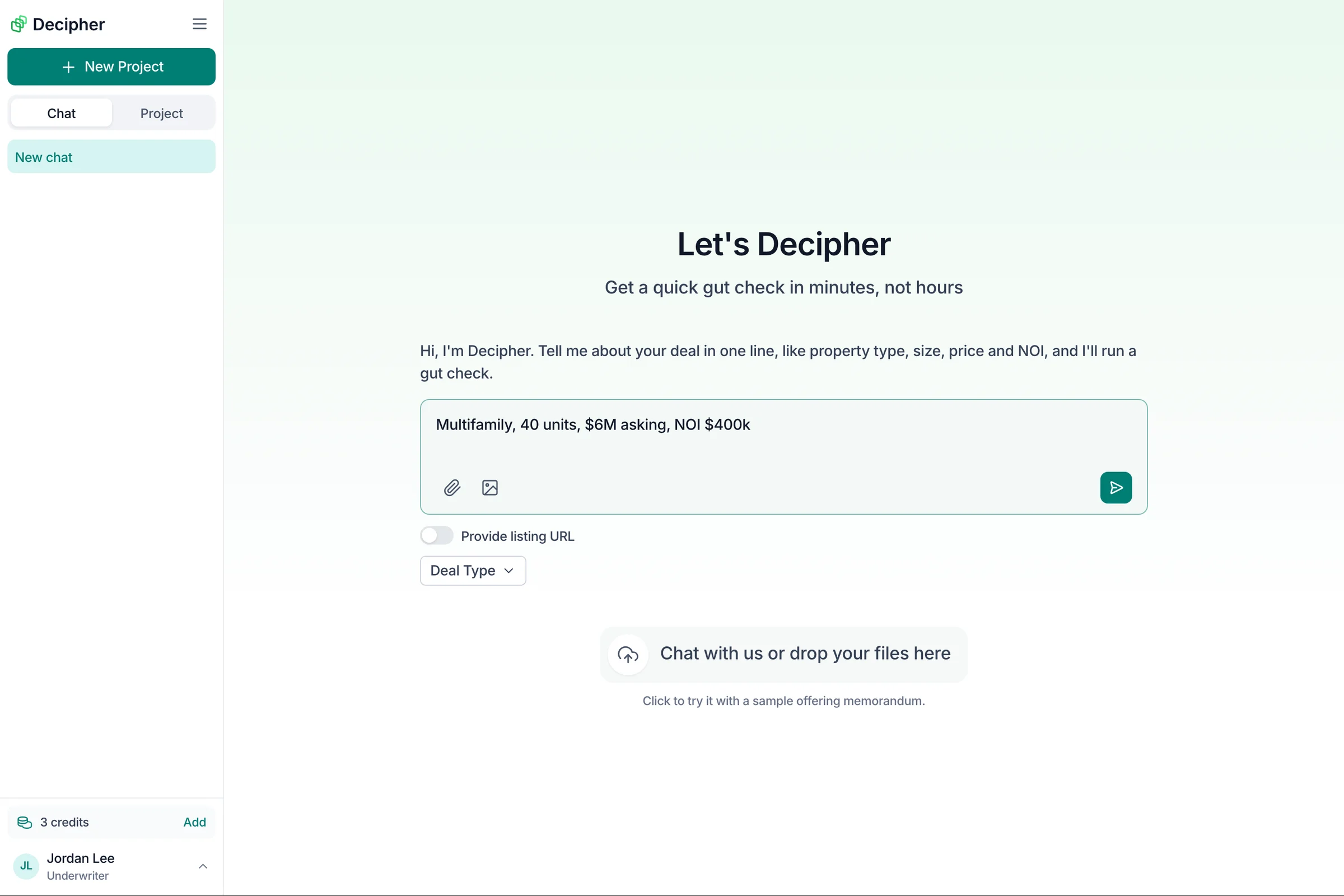Decipher home: a single chat box with buttons to attach a file or a photo, a listing URL switch, a deal type picker, and a drop zone for files