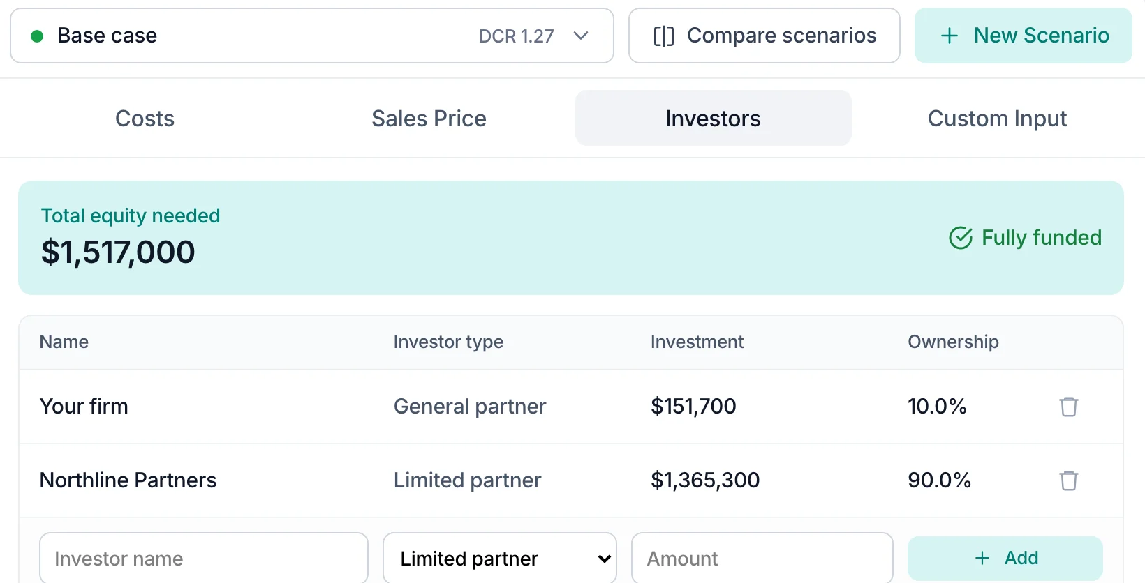 Investors tab: total equity needed of $1,517,000 marked fully funded, with a general partner and a limited partner and their ownership shares